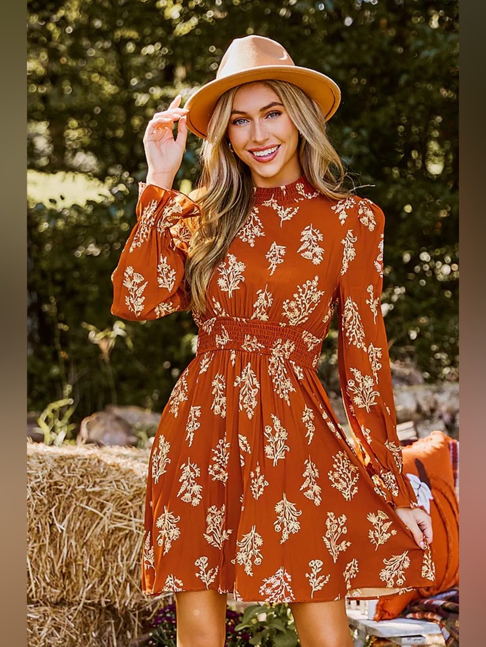 Burnt orange floral dress
